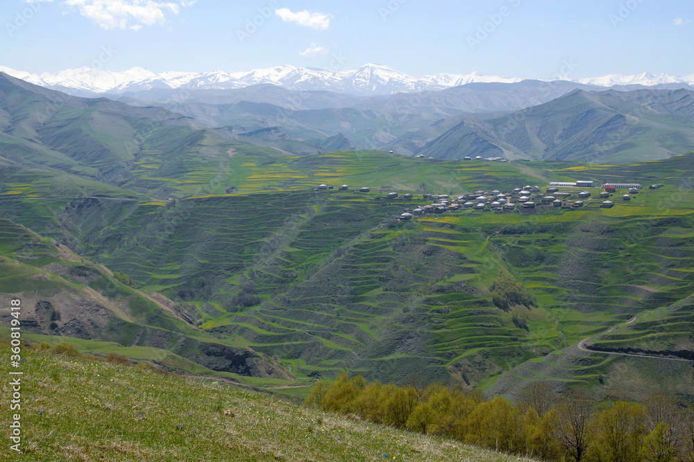 Fototapeta premium Rural mountainous landscape. Vicinity of Urkarakh village. Dagestan, North Caucasus, Russia.