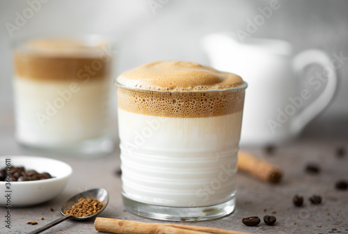 Photography Dalgona coffee with cinnamon in glasses