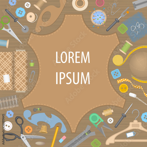 Vector illustration. Sewing accessories. Top view.  Tailor's tools. (view from above)