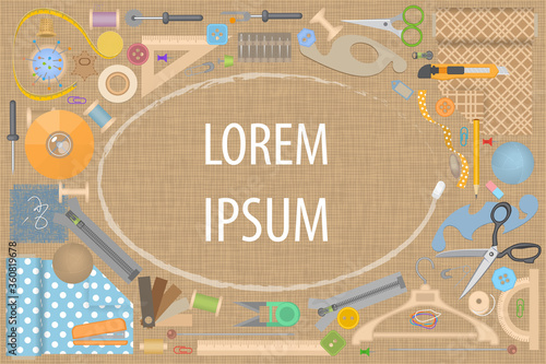 Vector illustration. Sewing accessories. Top view.  Tailor's tools. (view from above)