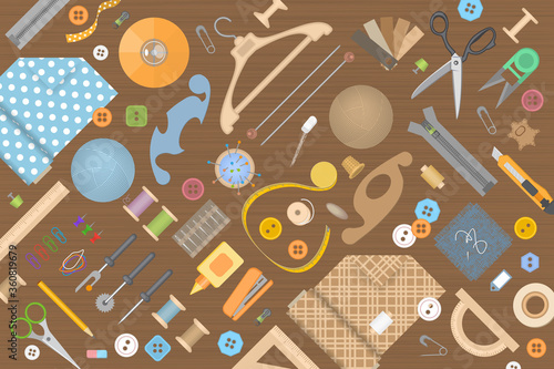 Vector illustration. Sewing accessories. Top view.  Tailor's tools. (view from above)