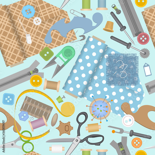Seamless pattern. Sewing accessories. Top view. Tailor's tools. (view from above)