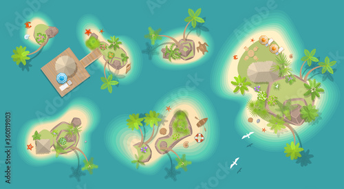 Vector set. Islands top view. Tropical islands of various shapes and terrain.  view from above  