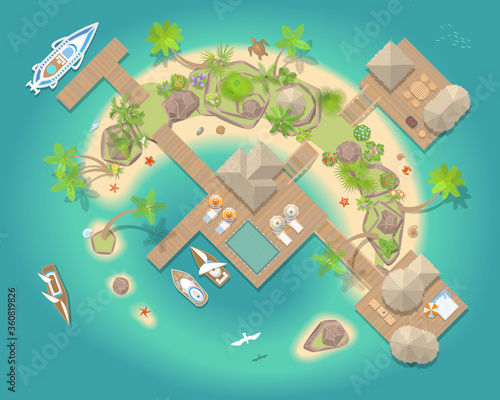 Vector illustration. Tropical island with Bungalow. Top view. Sunny beach resort. (view from above)