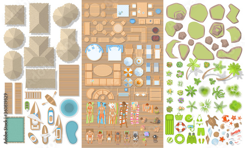 Vector set. Summer vacation. Tropical islands. (top view) Bungalows, Islands, palm trees, furniture, rocks, flowers. (view from above)