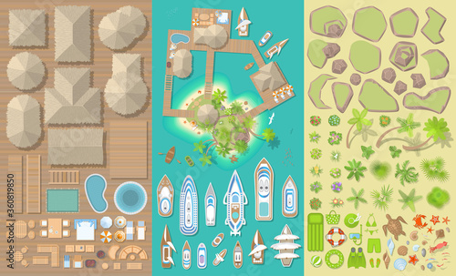 Vector set. Summer vacation. Tropical islands. (top view) Bungalows, Islands, yachts, palm trees, furniture, rocks, flowers. (view from above)