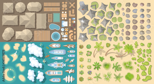 Vector set. Summer vacation. Tropical islands. (top view) Bungalows, Islands, yachts, palm trees, furniture, rocks, flowers. (view from above)