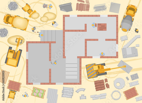 Vector illustration. Building top view. Construction, construction equipment, building materials, builders. View from above.