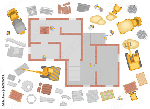 Vector illustration. Building top view. Construction, construction equipment, building materials, builders. View from above.