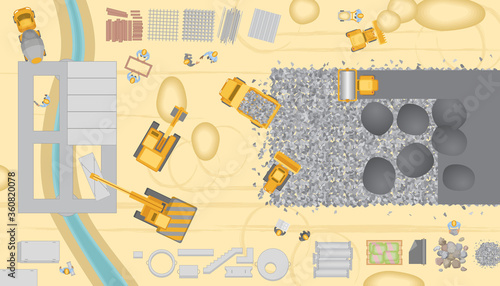 Vector illustration. Construction of roads and bridges. View from above. Stage of construction road. Construction machinery. (top view)