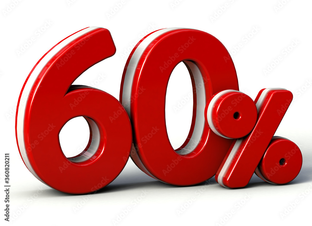 60 percent in red. Isolated on white background. Special offer sixty percent off discount tag. 3d render. 60% 60 percent in red. Isolated on white background. Special offer sixty percent off discount tag. 3d render. 60%