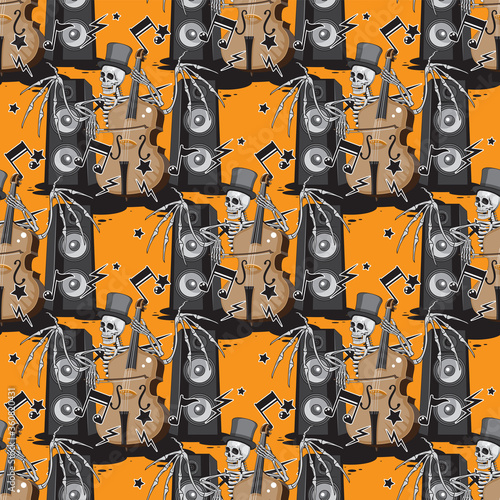 a seamless pattern of a skeleton with wings in a hat plays a double bass music dynamics notes on an orange background. Vector image