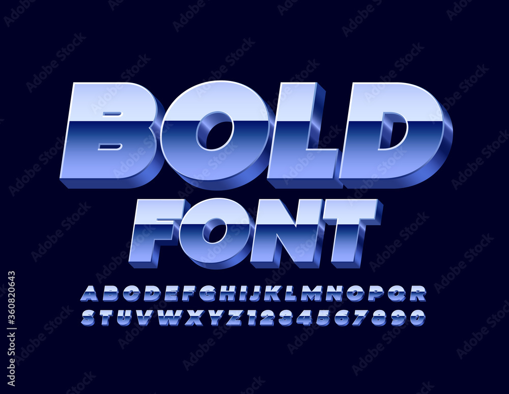 Vector Bold Font. Blue Metallic Font. Modern Reflective 3D Letters and Numbers