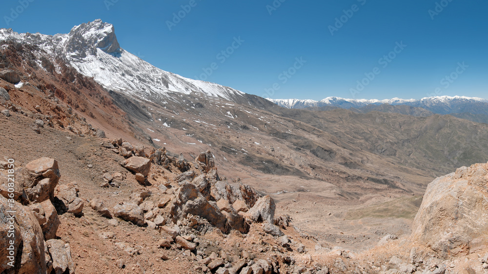 Mountainous landscape. View at Mount Shalbuzdag (4142 m). Dagestan, North Caucasus, Russia..