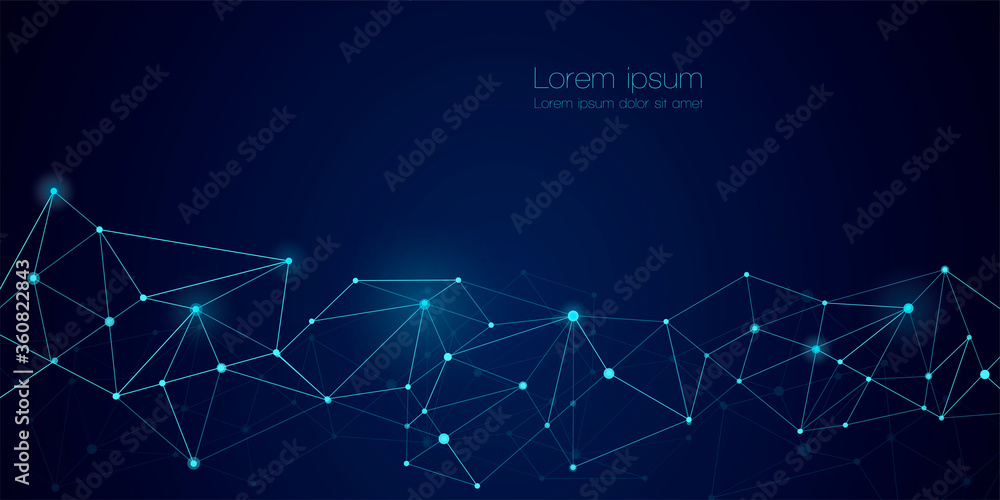 Abstract technology Network nodes Vector background. Connection science and futuristic technology, digital data tech structure, connected points on polygon grid on dark blue