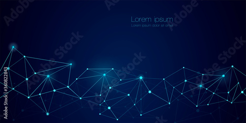 Abstract technology Network nodes Vector background. Connection science and futuristic technology, digital data tech structure, connected points on polygon grid on dark blue