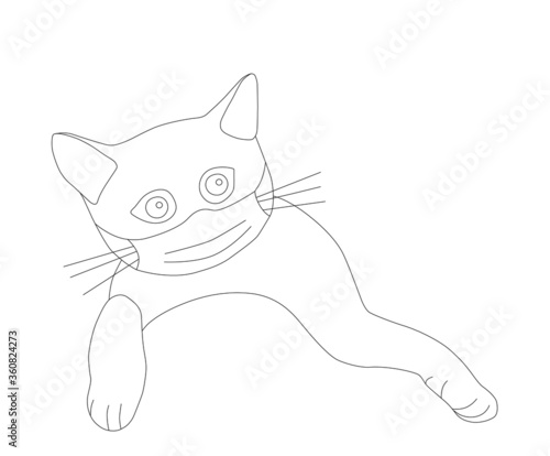 Cute cat with a respiratory mask on his face. The concept of protection against respiratory diseases, allergies. Coronavirus protection. Vector outline illustration on a white background.