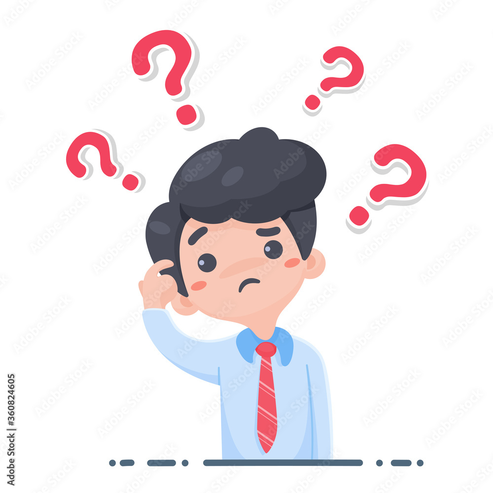 Cartoon company employees are curious gestures With a red question mark on the head Cartoon company employees are curious gestures With a red question mark on the head