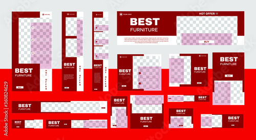 set of furniture web banners of standard size with a place for photos. Business ad banner. Vertical, horizontal and square template. vector illustration EPS 10