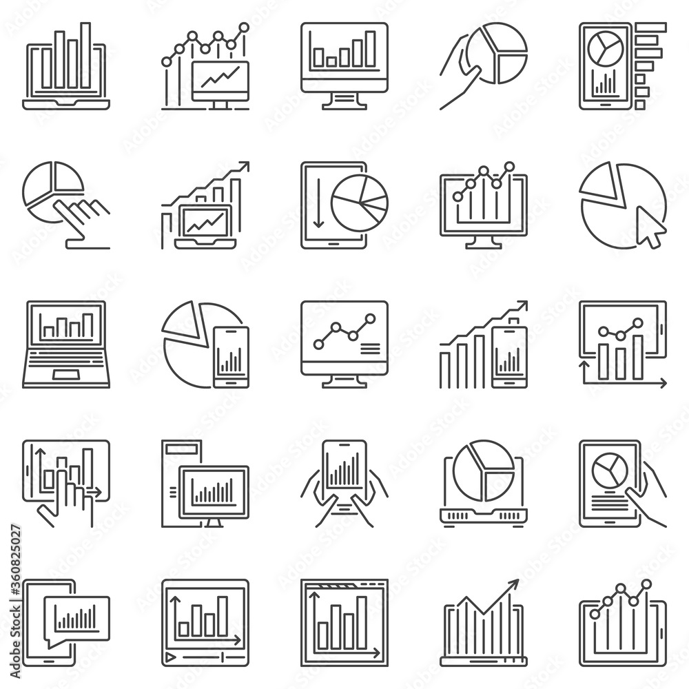 Computer with Chart or Graph outline icons set. Vector Analytics and Statistics on Device concept symbols Computer with Chart or Graph outline icons set. Vector Analytics and Statistics on Device concept symbols