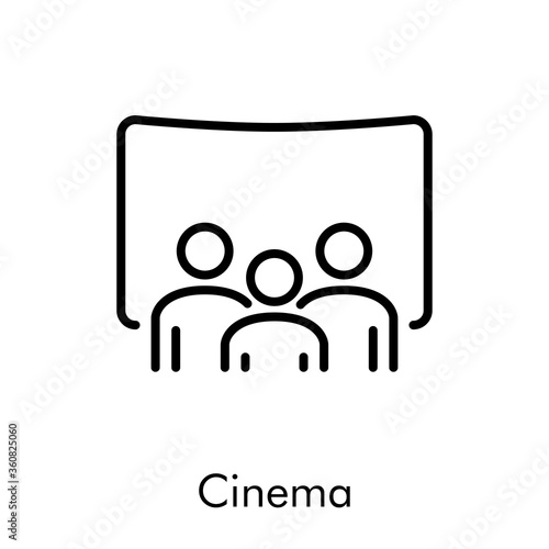 Icono plano lineal con palabra cinema con pantalla y audiencia sentada en color negro