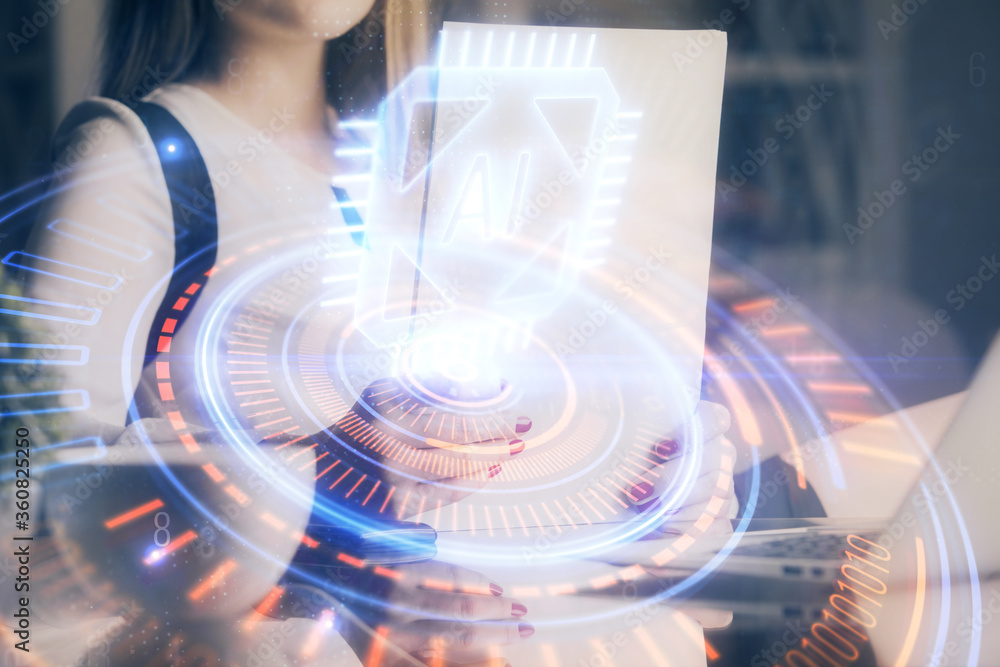 Multi exposure of woman's writing hand on background with data technology hud. Big data concept. Multi exposure of woman's writing hand on background with data technology hud. Big data concept.