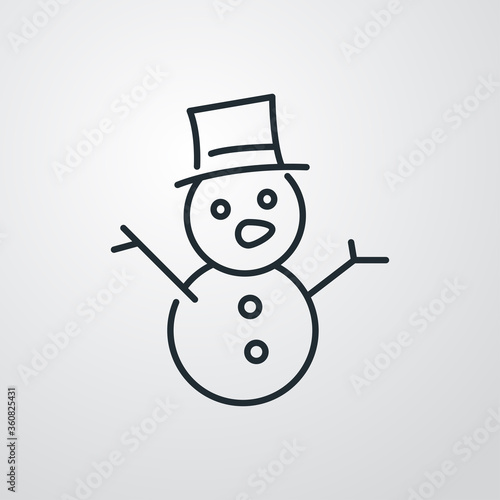 Concepto decoración de Navidad. Icono plano lineal hombre de nieve con zanahoria y gorro en fondo gris
