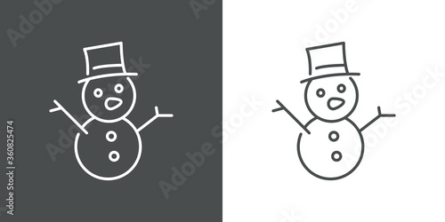 Concepto decoración de Navidad. Icono plano lineal hombre de nieve con zanahoria y gorro en fondo gris y fondo blanco