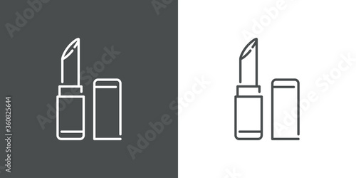 Concepto maquillaje y belleza. Icono plano lineal lápiz labial en fondo gris y fondo blanco