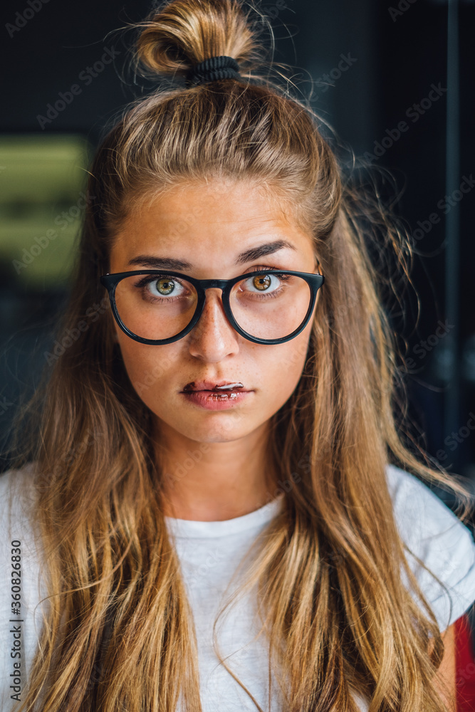 Portrait of funny hipster woman with heterochromia Portrait of funny hipster woman with heterochromia