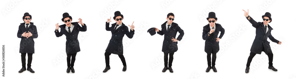 Young detective in black coat isolated on white Young detective in black coat isolated on white