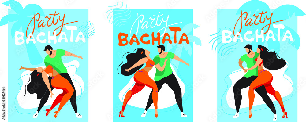 A set of modern posters on the theme of dance. a pair of dancers performs bachata, latino, meringue, kizomba A set of modern posters on the theme of dance. a pair of dancers performs bachata, latino, meringue, kizomba