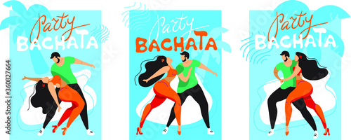 A set of modern posters on the theme of dance. a pair of dancers performs bachata, latino, meringue, kizomba