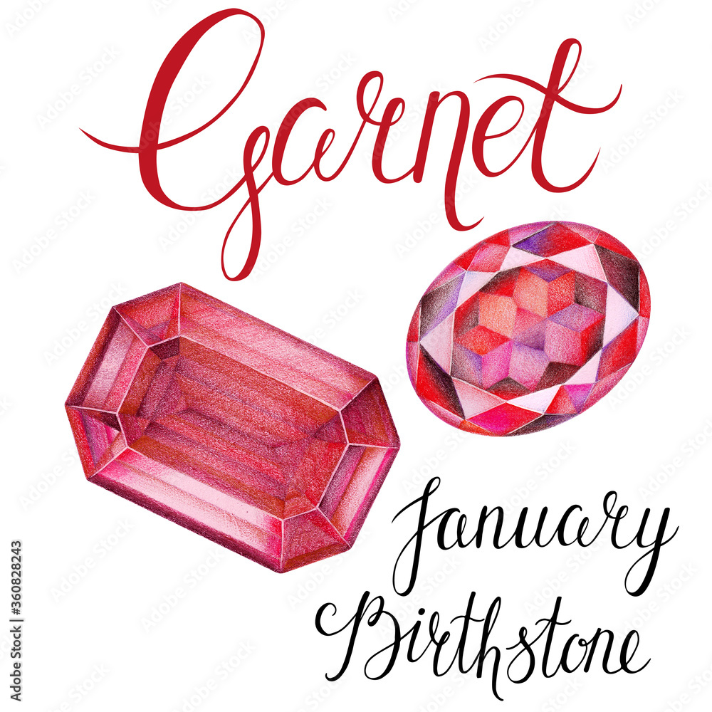 January birthstone Garnet isolated on white background. Close up  illustration of gems drawn by hand with colored pencils. Realistic faceted  stones. Stock Illustration | Adobe Stock