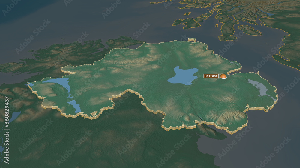 Northern Ireland, United Kingdom - extruded with capital. Relief Northern Ireland, United Kingdom - extruded with capital. Relief
