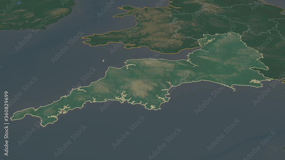 South West, United Kingdom - outlined. Relief