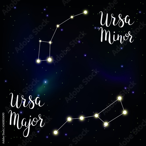 Vector illustration of constellations Ursa Major and Ursa Minor with lettering astrology names on space background with stars in shining galaxy.