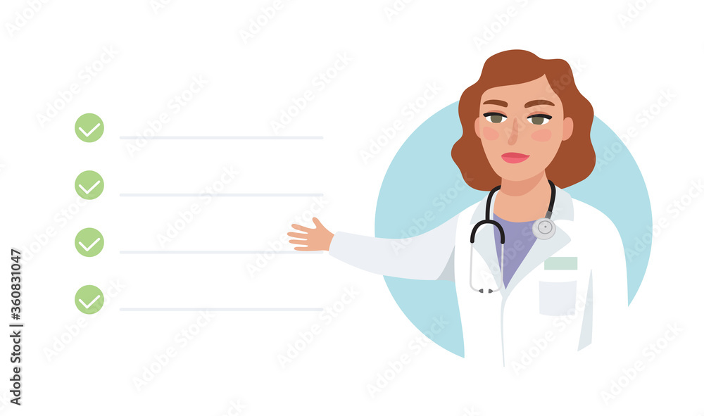 Friendly female doctor indicating treatment, symptoms or giving healthy advice. Tele medicine, online medical consultation, health care system support. Isolated flat vector illustration Friendly female doctor indicating treatment, symptoms or giving healthy advice. Tele medicine, online medical consultation, health care system support. Isolated flat vector illustration