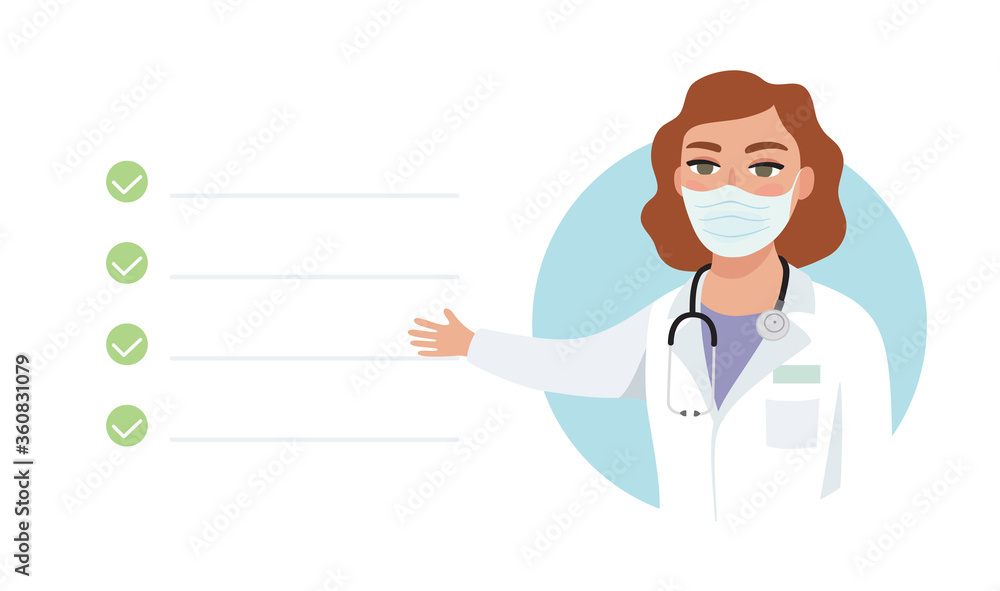 Female doctor wearing mask indicating treatment, symptoms or giving healthy advice. Tele medicine, online medical consultation, health care system support. Isolated flat vector illustration Female doctor wearing mask indicating treatment, symptoms or giving healthy advice. Tele medicine, online medical consultation, health care system support. Isolated flat vector illustration