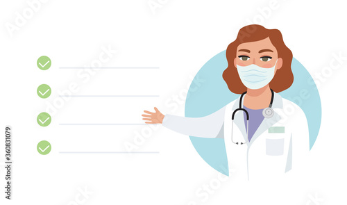 Female doctor wearing mask indicating treatment, symptoms or giving healthy advice. Tele medicine, online medical consultation, health care system support. Isolated flat vector illustration