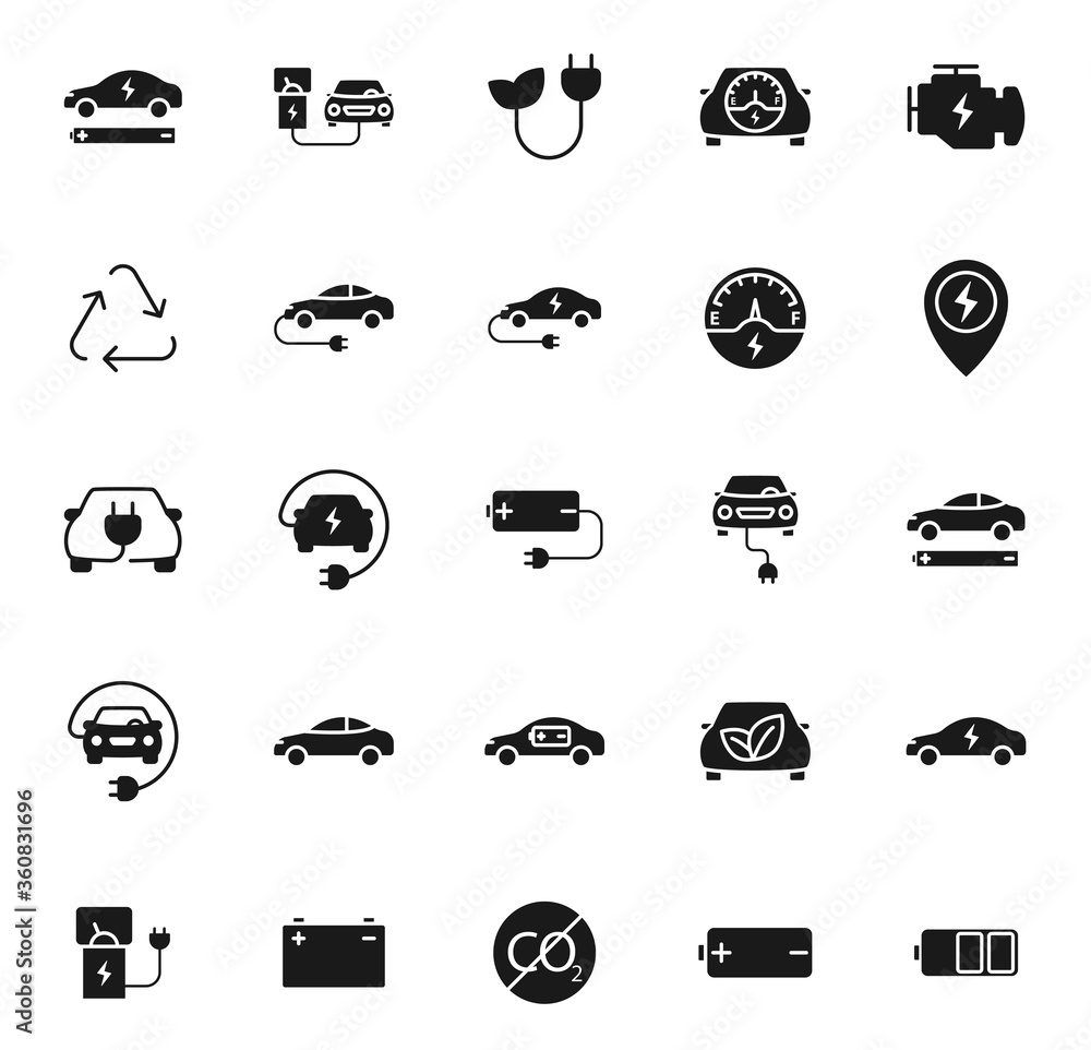 electric car black vector icons isolated on white background. electric car icon set for web and ui design, mobile apps and print products electric car black vector icons isolated on white background. electric car icon set for web and ui design, mobile apps and print products