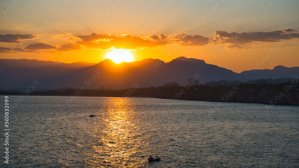 Sunset over the mountains and the Mediterranean sea. Antalya.