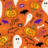 Seamless vector pattern with pumpkins, bats, spooky and spiders. Halloween background.