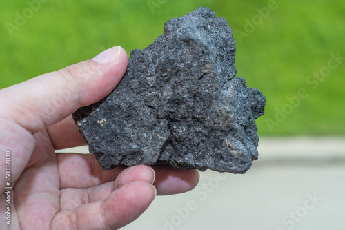 Male hand with a piece of coal on a blurred background of green forest