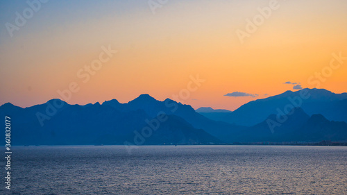 Sunset over the mountains and the Mediterranean sea. Turkey.