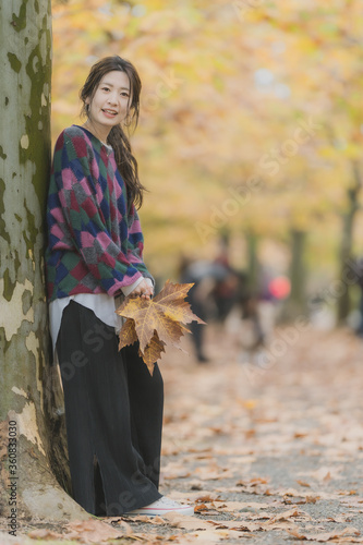 プラタナス並木にもたれかかる女性 photo