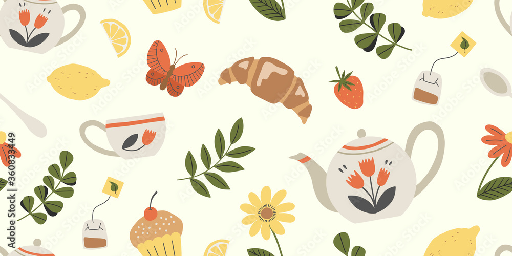 Banner with tea service, garden flowers and snacks. Seamless pattern with tea time elements. Vector illustration.