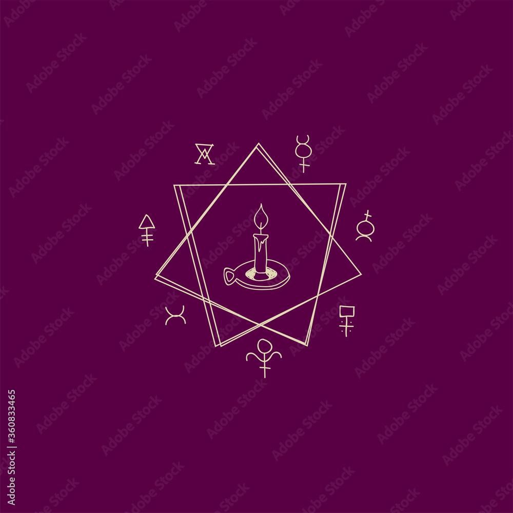 Linear magic signs and symbols. Mysterious illustrations. A logo for an isoteric store, for a witch. A candle stands in the center of a mazic polygon. Mysterious rite, summon the spirit Linear magic signs and symbols. Mysterious illustrations. A logo for an isoteric store, for a witch. A candle stands in the center of a mazic polygon. Mysterious rite, summon the spirit
