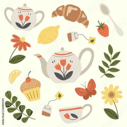 Tea service, garden flowers and snacks. Set of tea time elements. Vector illustration.