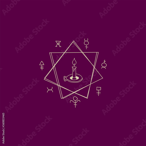 Linear magic signs and symbols. Mysterious illustrations. A logo for an isoteric store, for a witch. A candle stands in the center of a mazic polygon. Mysterious rite, summon the spirit